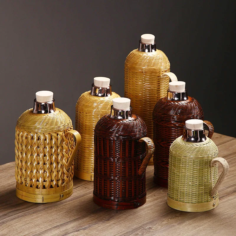 For Pure Handmade Bamboo Woven Kettle Retro Thermos Bottle Household Bamboo Woven Warm Pot Glass Liner Open Kettle Shell