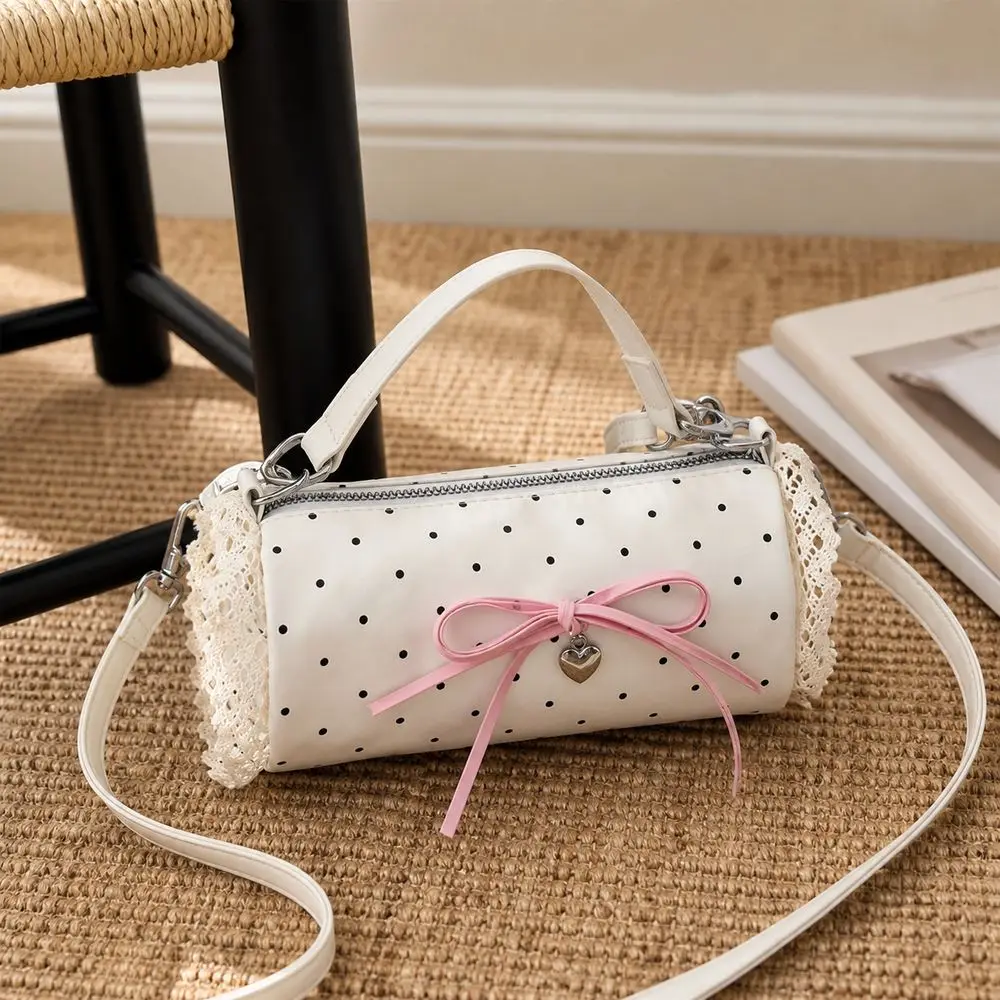 Fashion Polka Dot Polka Dot Handbag Lace Trim Zipper Closure Cylinder Handbag Adjustable Strap Crossbody Bag Gifts