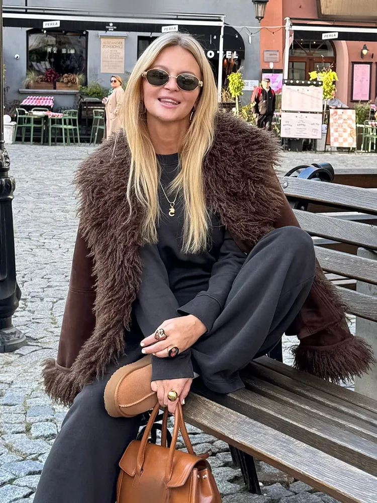 HH Women Warm Jacket Solid Long Sleeve Lapel Pocket Decorate Loose Coat Winter Woman Elegant faux Fur Effect Fashion Outwear