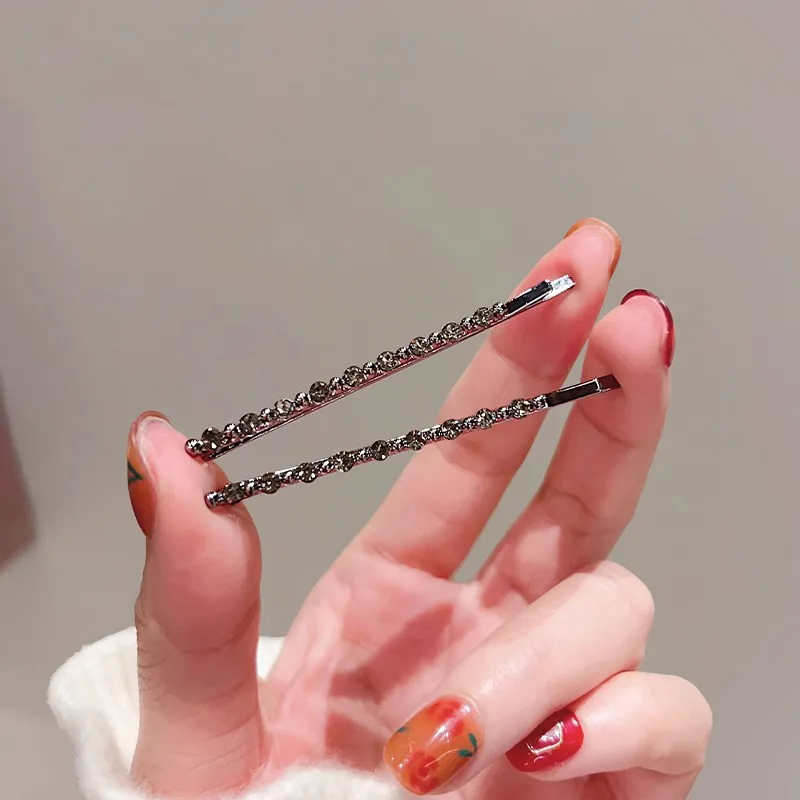 2Pcs Hairpin Female Black One-word Clips High-end Sense Rhinestones Side Clips Headgear Temperament Broken Bangs Pair Hair Clips