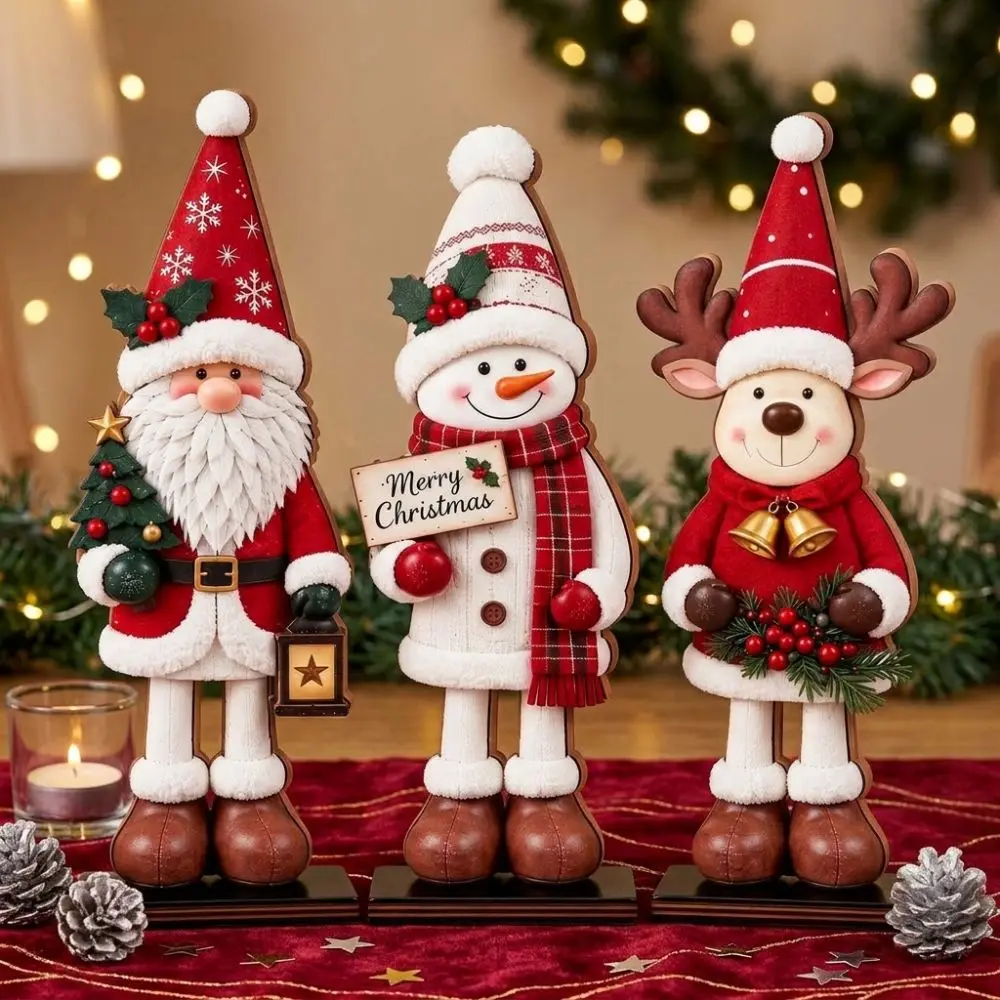 3Pcs Thickened Wooden Christmas Tabletop Ornaments Vintage 2D Flat Santa Snowman Reindeer Figurines Set Stable Base Painted