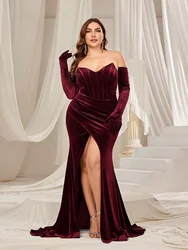 Plus Velvet Ruched Wrap Hem Tube Prom Dress(Gloves Included)