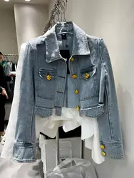 2023 Spring Fashion New Product  Gold Button Short Denim Coat Women's Slim Fit  POLO Neck Denim Top