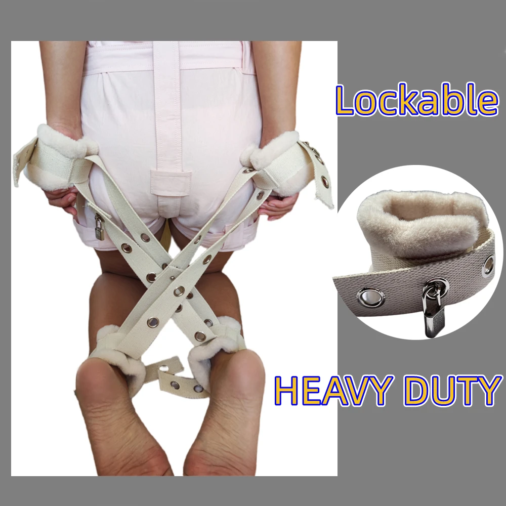 Heavy Duty Canvas Hogtie Cross Handcuffs Locking Fluffy  Anklecuffs BDSM Restraints Bondage Set