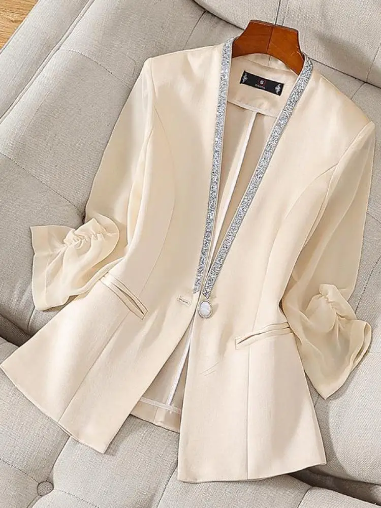 韓国女性用ブラックホワイトパッチワークVネックシングルボタンオフィスレディブレザーコート秋ベージュ7分袖万能トップス