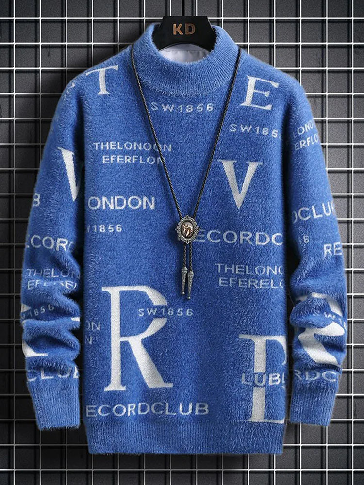 Autumn Winter Men's White Gray Mink Velvet Pullover Sweater Warm Soft Comfortable Black Blue Letter Print Inner Layer Sweater