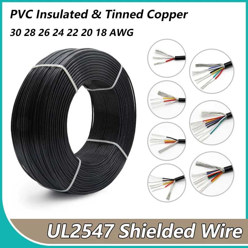 Black UL2547 Shielded Wire Signal Cable 30 28 26 24 22 20 18AWG Channel Audio 2 3 4 5 6 7 8Cores PVC Tinned Copper Control Wires