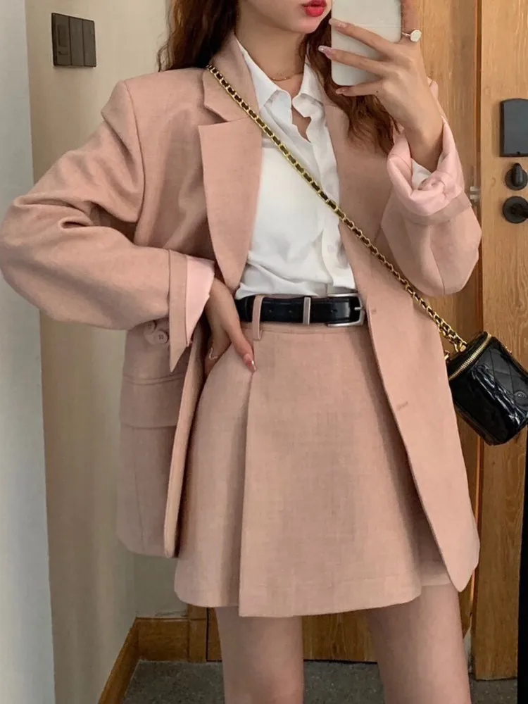 Korean Fashion Women Vintage Chic Blazer Two Pieces Set Casual Loose Jackets Coat Mini Skirts Suit Female Elegant Formal Outfits