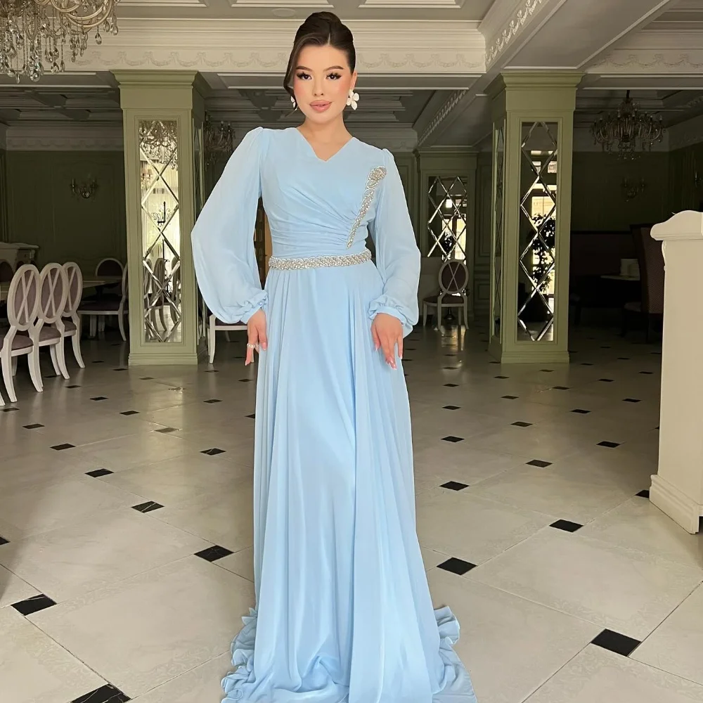 

Customized Casual Pastrol Chiffon Beading Rhinestone Sequined Pleat Straight V-neck Long Dresses Bespoke Occasion Dresses Unisex