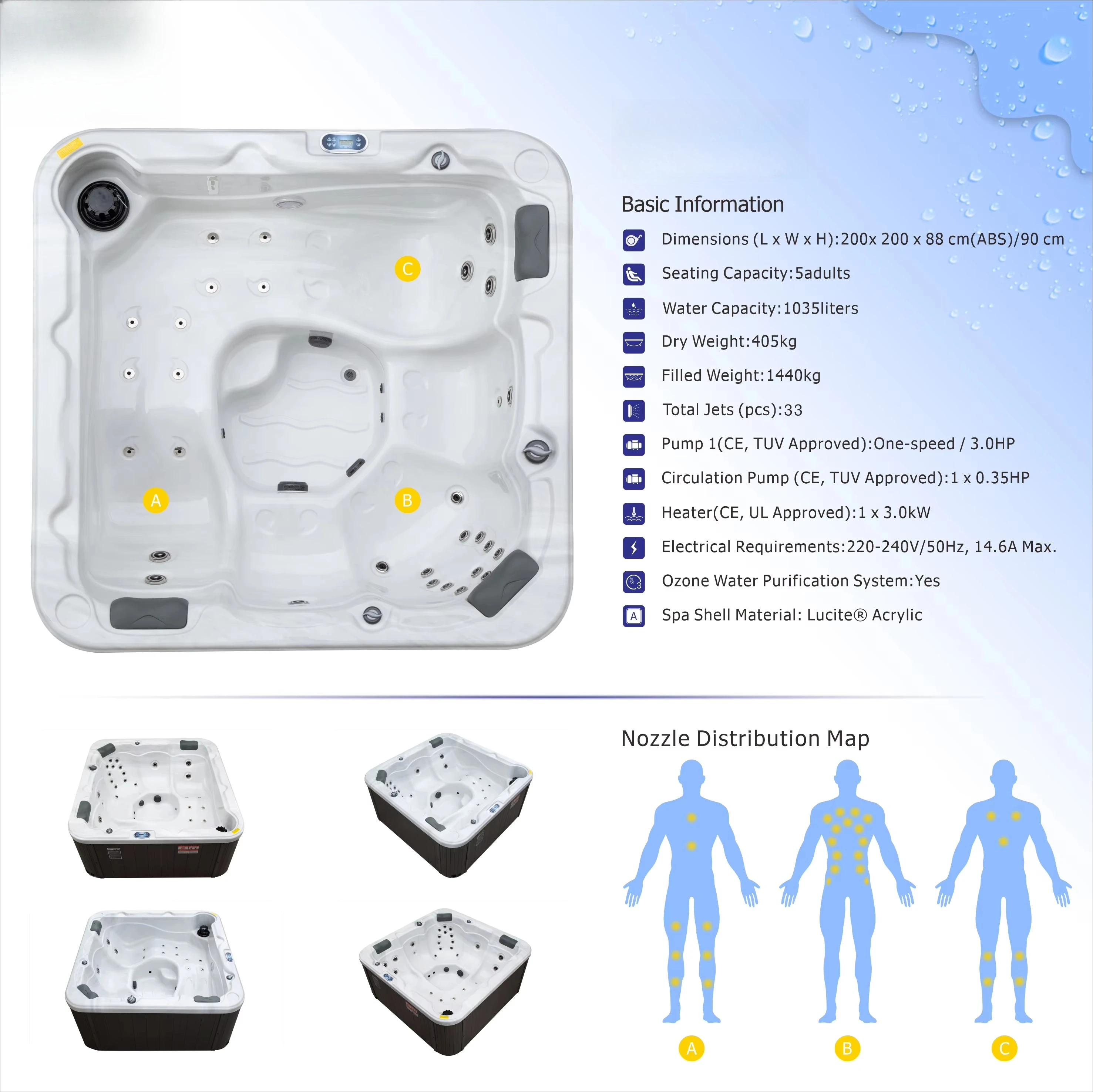 Innovative Smart-Controlled Luxury Acrylic Hottub Jacuzzier 5-Person Outdoor Freestanding Massage Spa for Indoor Hotel Use