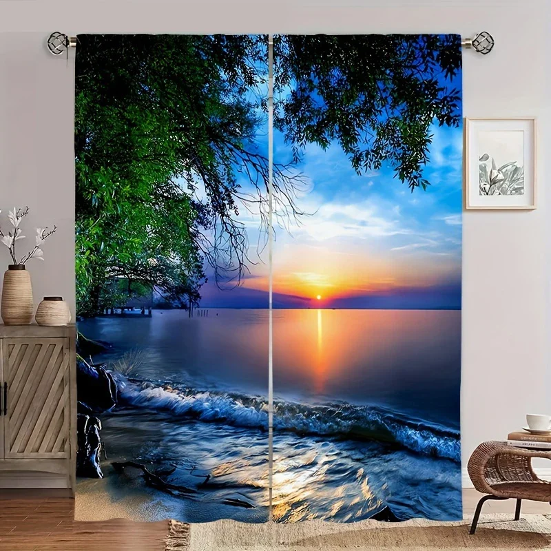Beautiful Sunrise Ocean View Curtain Window Drapes for Living Room Bedroom Coastal Decor Light Filtering