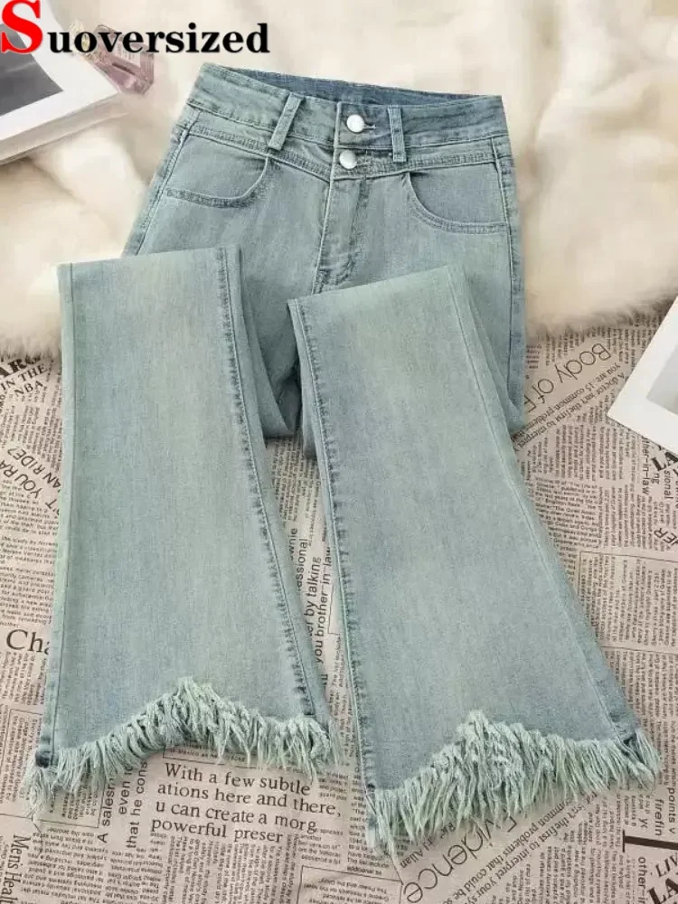 Wijde pijpen hoog getailleerde jeans met franjes dames casual Koreaanse mode slanke vaqueros knoppen vintage streetwear bootcut denim broek