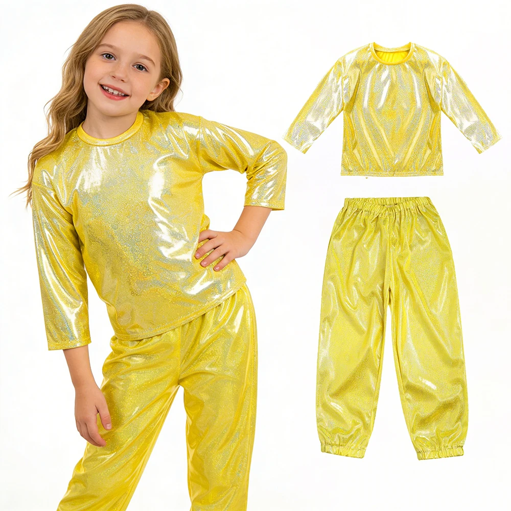 الفتيان الفتيات الحديثة الهيب هوب الجاز شارع الرقص مرحلة الأداء زي الأطفال لامع لامع تي شيرت مع الحريم السراويل مجموعة