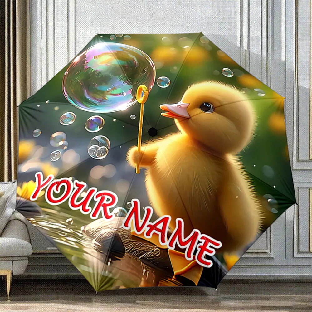 Custom Name Umbrella Cute Duck Blowing Bubbles with Customizable Text, Nature Style Portable Folding Umbrella,Christmas Gift