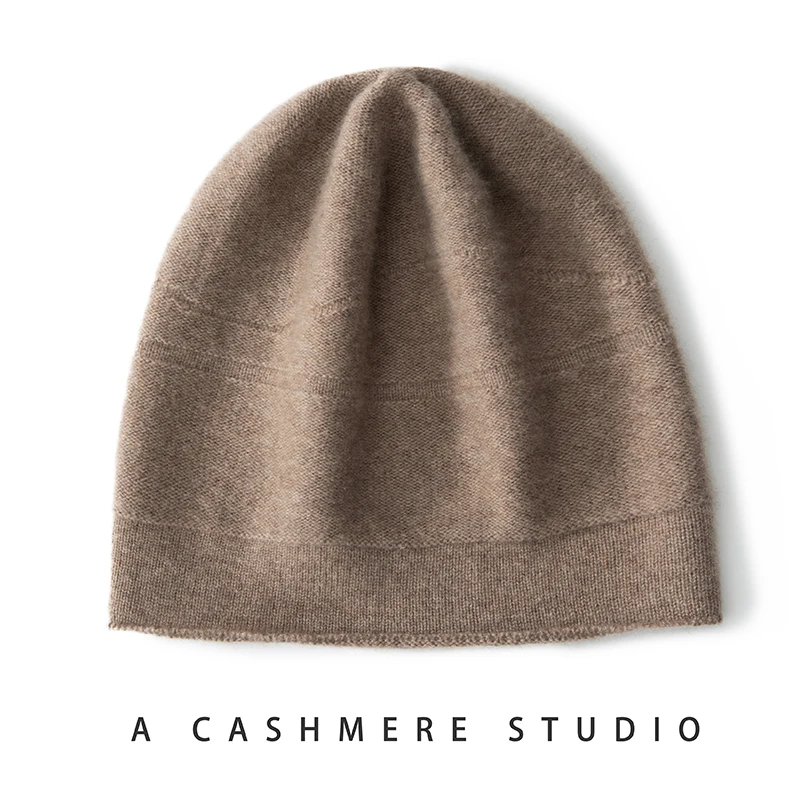 100% Cashmere Knitted Hat Winter Warm Neck Protection Unisex Solid Color Fashionable Wave Pattern All-Match Head Cover Knit Cap