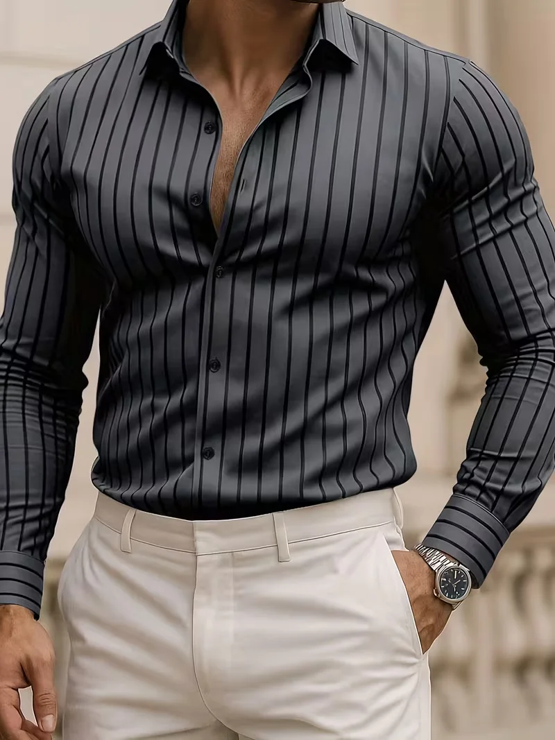 Camisa listrada masculina da moda: estilo elegante, casual e ao ar livre com mangas compridas, design de lapela e botões, macia e confortável
