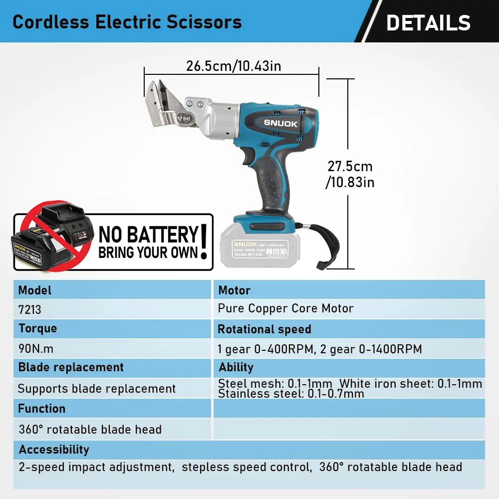 SNUOK 90N.m Electric Sheet Metal Shears No Battery 1400 RPM Industrial Metal Cut Cordless Electric Shear For Makita 18V Battery