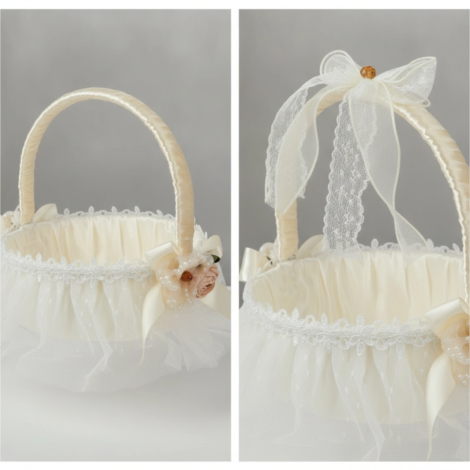 Flower Girl Basket with Ribbon-Wrapped Handle Handmade-Style Satin Flower Basket with Tulle Skirt Pre-Decorated Cute for Brides