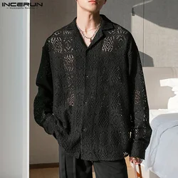 INCERUN-camisa oca de renda para homens, camisa transparente, lapela solta, manga longa, roupas masculinas, streetwear sexy, moda casual, 2024