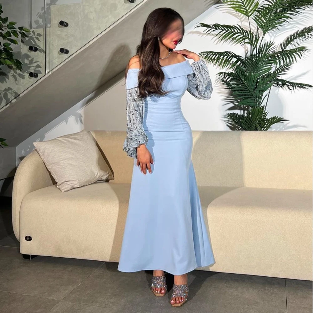 

Customized Sky Blue A-line Boat Neck Sequined Evening Dresses Full Sleeves Pleat Crystal Backless Ankle Length Pageant Prom Gown