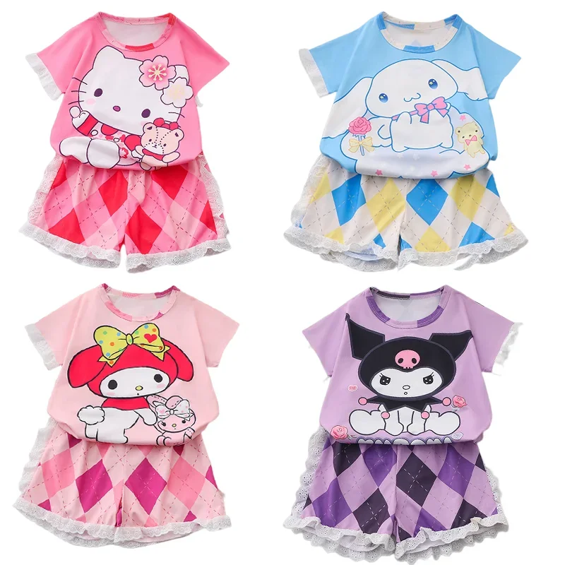 

Sanrio Anime Hello Kitty Pajamas Kawaii My Melody Kuromi Cinnamoroll Kids Cartoon Short Sleeved Summer Cotton Homewear Girl Gift