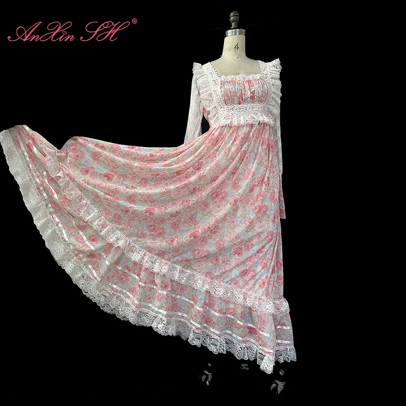 

AnXin SH vintage princess pink rose flower chiffon white lace handmade sweetheart long sleeve zipper customized evening dress