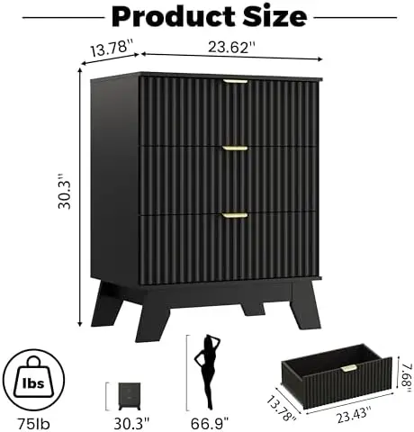 Night Stand Set 2, Bedside Table & End Table, Mid Century Modern Fluted Wood Nightstand with 3 Drawers & Metal Handles