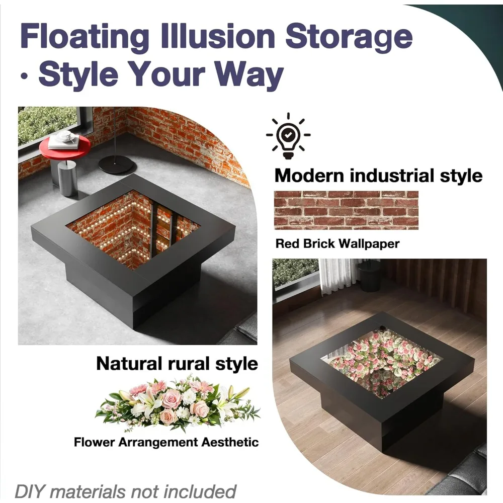 طاولات القهوة الحديثة باللون الأسود من FKWin - طاولة قهوة مربعة بمرآة عمق لا نهاية له مع أضواء LED، طاولة سوداء لغرفة المعيشة، مزاج #3