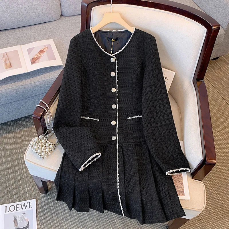 150Kg Plus Size Women's Bust 151 Autumn Loose Long Sleeve Small Fragrant Dress Black Apricot BIG 4XL 5XL 6XL 7XL 8XL 9XL 10XL