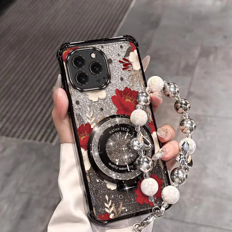 

16 ProMax Red peony Plating Bracelet Holder Phone Case For iPhone 15Pro 16Pro 13Pro 14 14Pro 15ProMax 13 15 16Plus 13Mini Cover