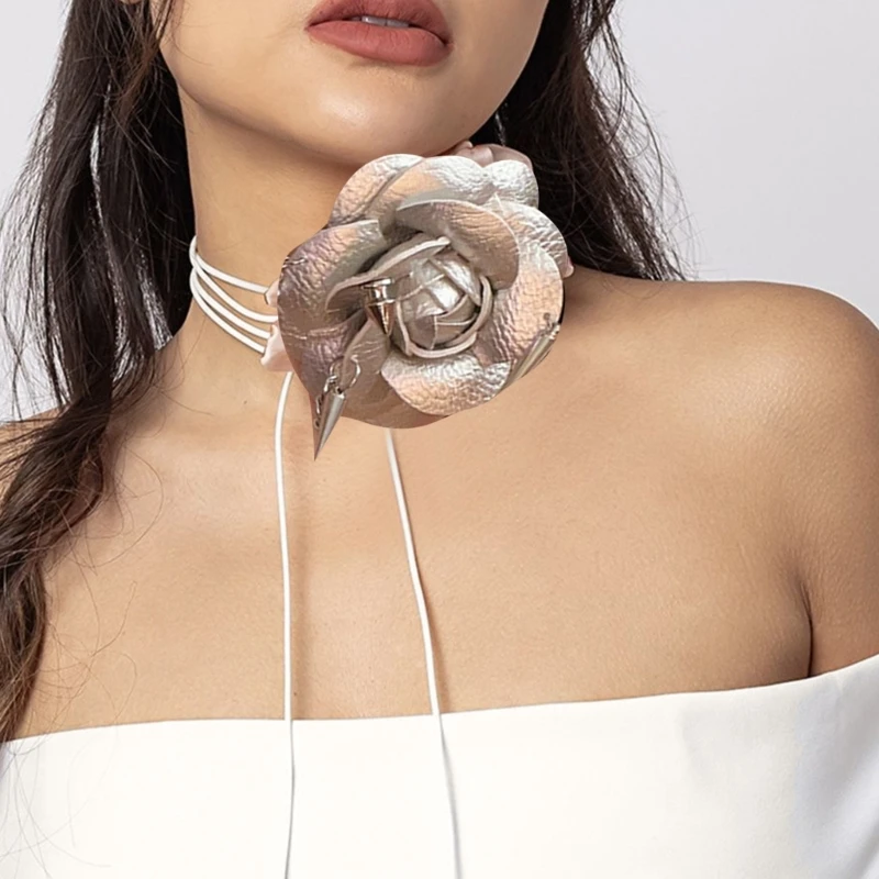 Elegant Silver Camellia Necklace Flower Choker Necklace Adjustable Strap,Fine Craftsmanship,Versatile Fashion Accessory