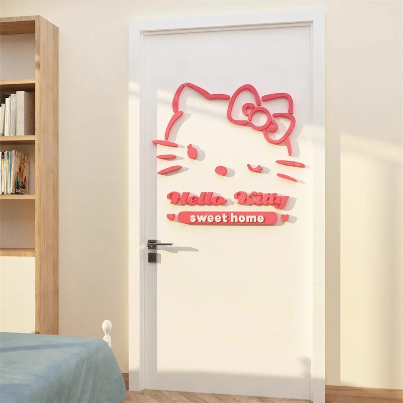 Hello Kitty Strawberry Wall Sticker DIY Self-assembly Sanrio Cartoon Anime 3D Acrylic Wall Stickers Kid Bedroom Wall Home Decor
