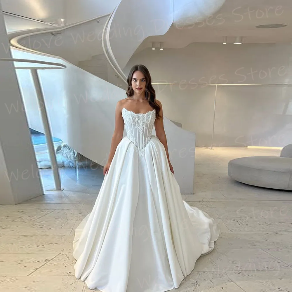 Elegant A Line Women's Wedding Dresses Strapless Lace Satin Customized Bride Gowns Sleeveless Princess Vestidos De Novia Boda - AliExpress 320 Elegant A Line Women's Wedding Dresses Strapless Lace Satin Customized Bride Gowns Sleeveless Princess Vestidos De Novia Boda - AliExpress 320