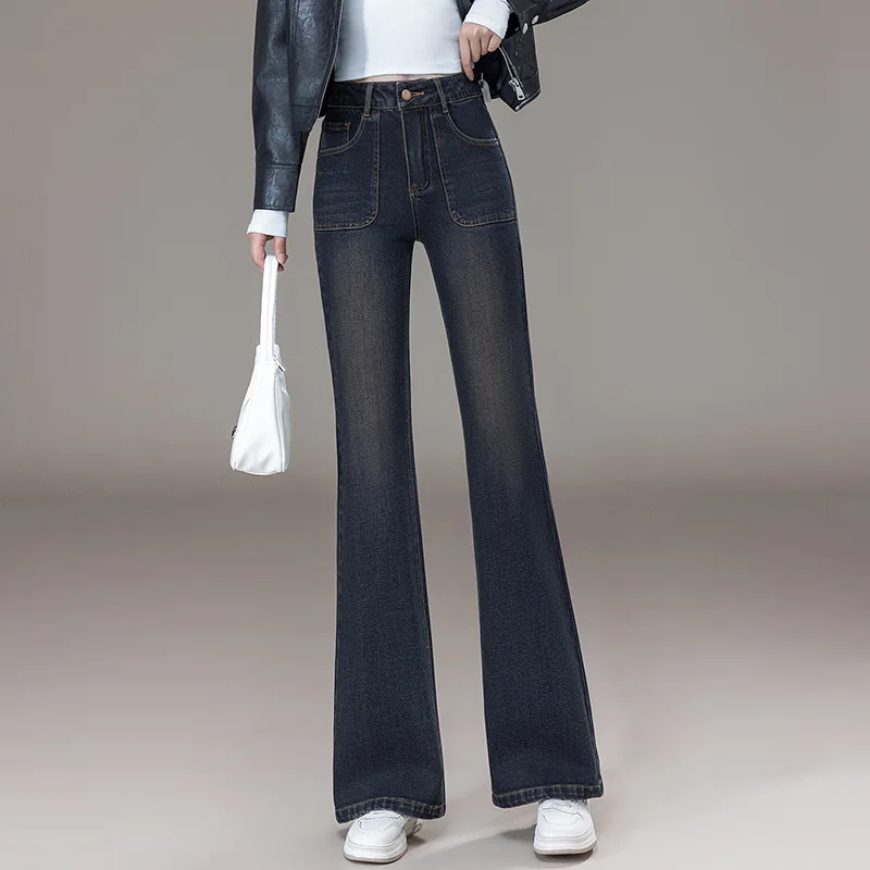 

Slim Fit Модные джинсовые темные длинные брюки Женские расклешенные брюки Осень Новые слегка расклешенные брюки с высокой талией в корейском стиле Модные