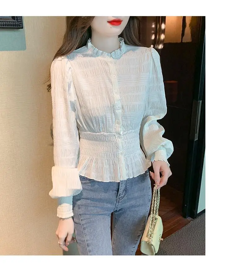 Long Sleeved Shirt Women\'s New Style Waist Cinching Western-style Small Shirt French Gentle Beautiful and Chic Small Top