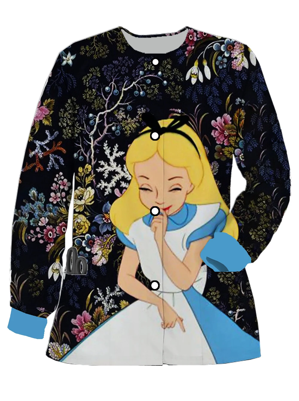 Autumn and Winter Long Sleeve Pocket Cardigan Women's Disney Alice in Wonderland Printed Doctor Nursing Clothes Work Top