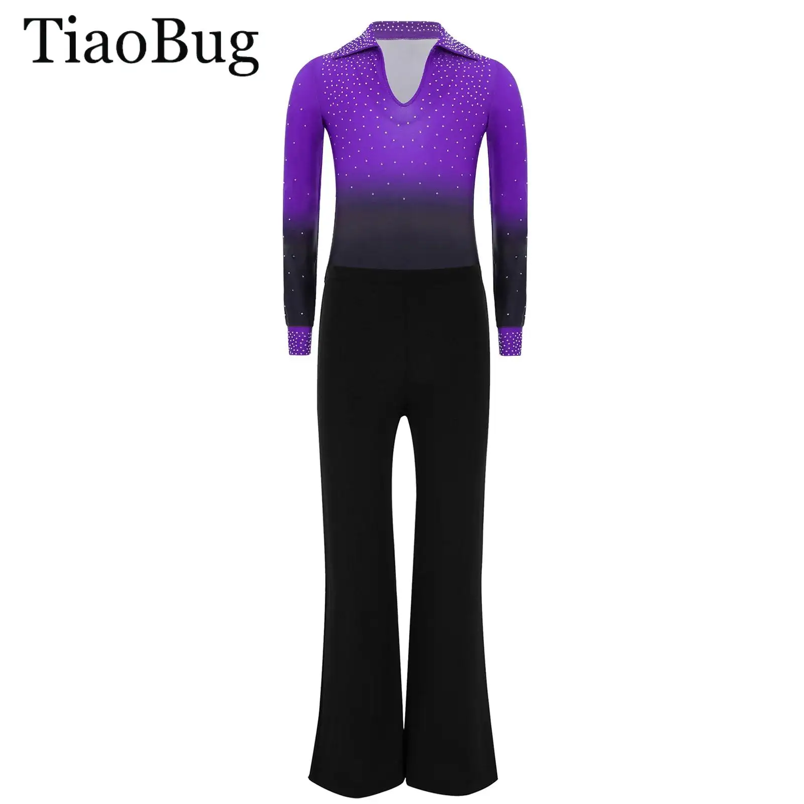 

Boys Latin Performance Dance Costume Suit Long Sleeve Shiny Rhinestones Leotard Shirt with Pants Ballroom Salsa Tango Jumpsuit