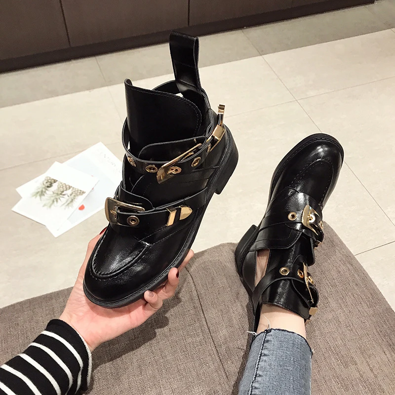 Metal Belt Buckle Ankle Boots Black Leather Zapatos Mujeres Thick Bottom Ladies Bota Feminina Hollow Out Women Shoes 2024