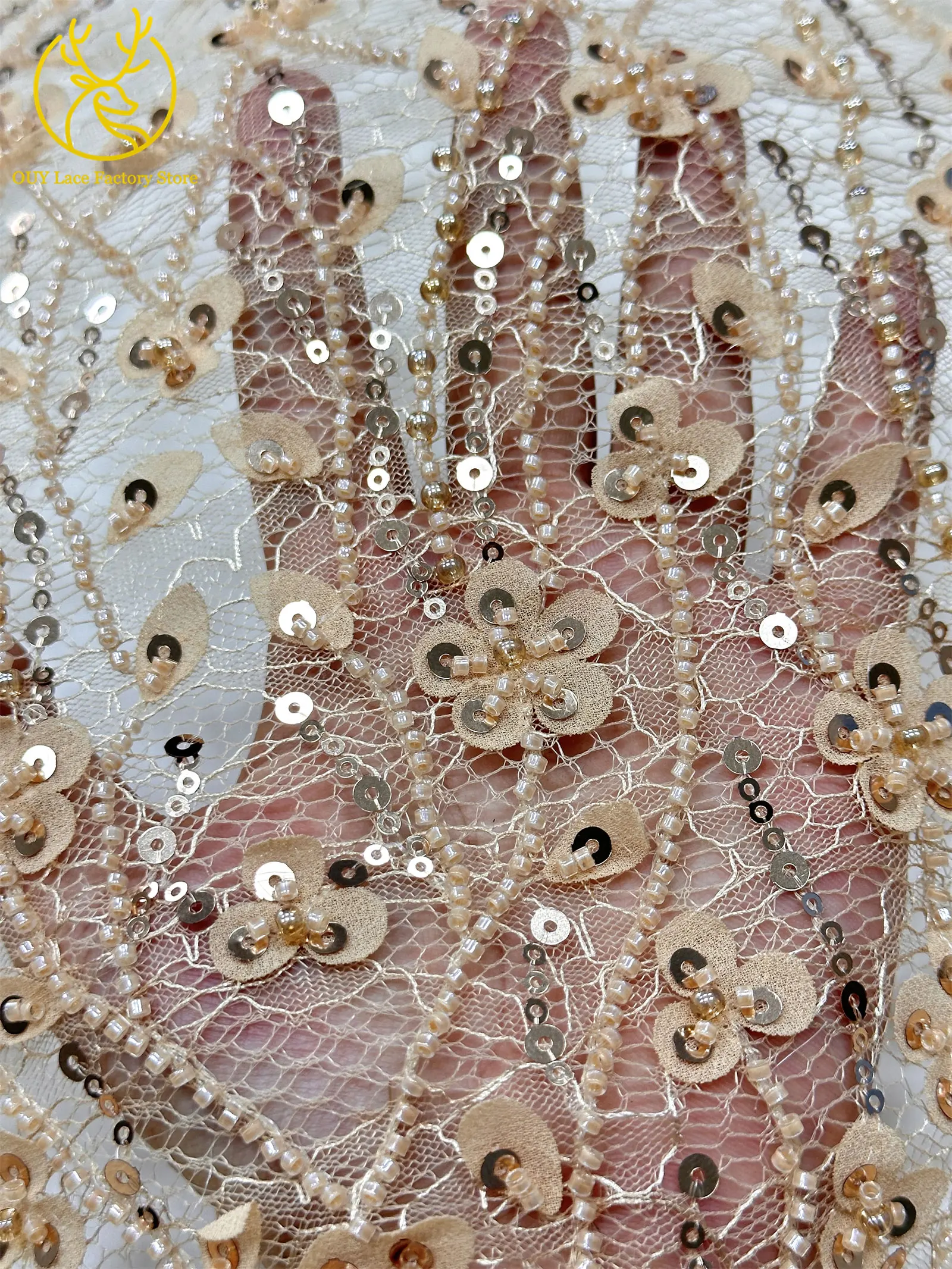 Olivgrüner afrikanischer Brautkleid-Spitzenstoff 2026, hochwertige nigerianische Pailletten-Stickerei-Spitze für Brautkleider und Partykleider zum Nähen – Detail 6