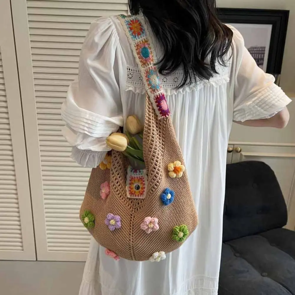

Fashion Hollow Out Flower Knitting Bag Tote Bag Beach Handbag Beach Bag Bohemian Style Large Capacity Hollow Shoulder Bag Summer