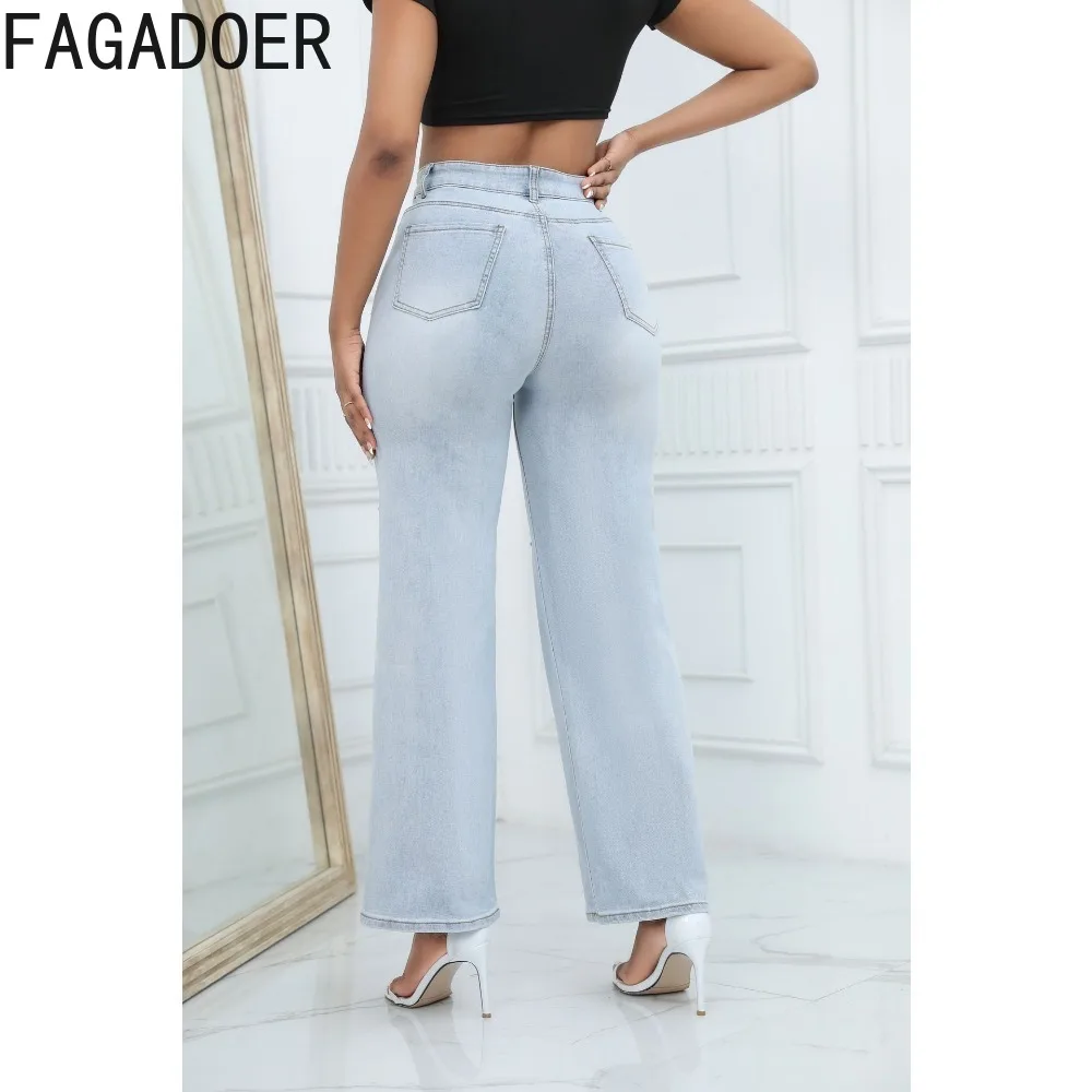 Fagadoer Casual Hole Denim Hose mit weitem Bein Frauen hoch taillierter Knopf gerade Jeans hose weiblich passende Cowboy hose 2023