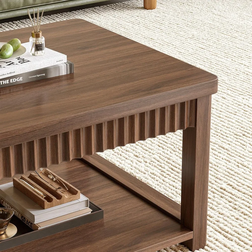 طاولة قهوة، طاولات قهوة حديثة مقاس 39 بوصة لغرفة المعيشة مع مساحة تخزين بطبقتين وحافة مموجة، طاولة مركزية من خشب الجوز لغرفة النوم/المكتب