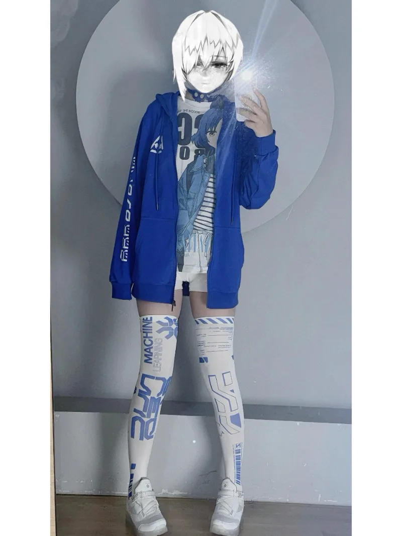 Japanese Long-sleeved Zipper Hoodies Blue Mechanical Spine Print Large Hooded Loose Spring Autumn Thin Sweatshirt Jacket Clothes
