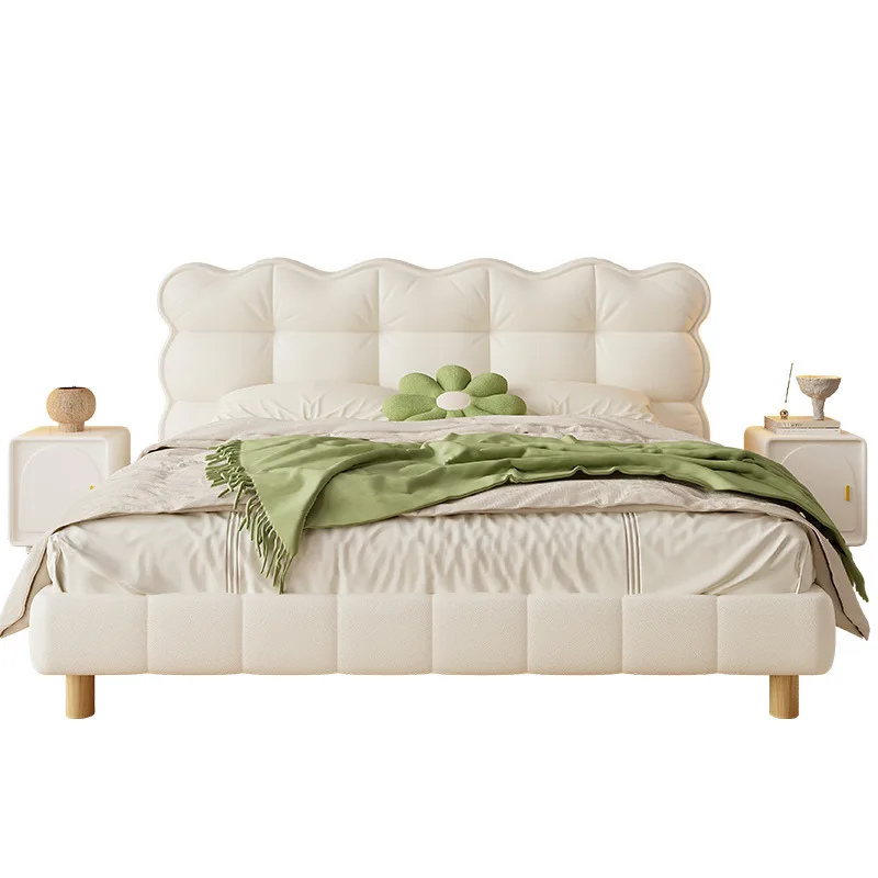 

French cream wind puff bed, modern minimalism, master bedroom white solid wood bed