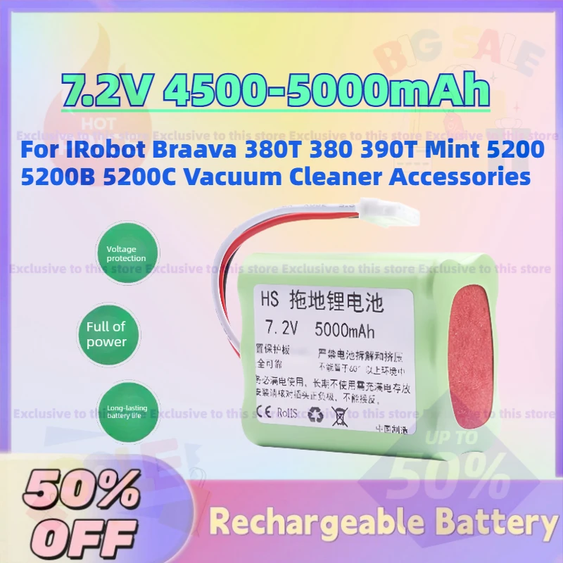 

High-Quality 7.2V 4500-5000mAh Li-Ion Battery for IRobot Braava 380T 380 390T Mint 5200 5200B 5200C Vacuum Cleaner Accessories