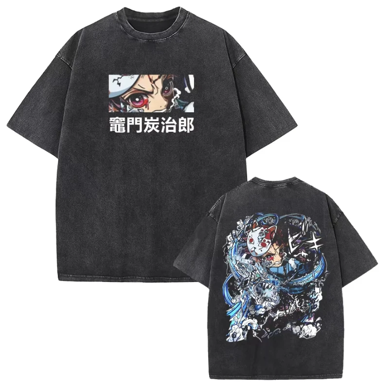 Nime Demon Slayer T-shirt graphique Manga Kamado Tanjirou coton lavé T-shirt hommes femmes vêtements surdimensionnés à manches courtes t-shirts
