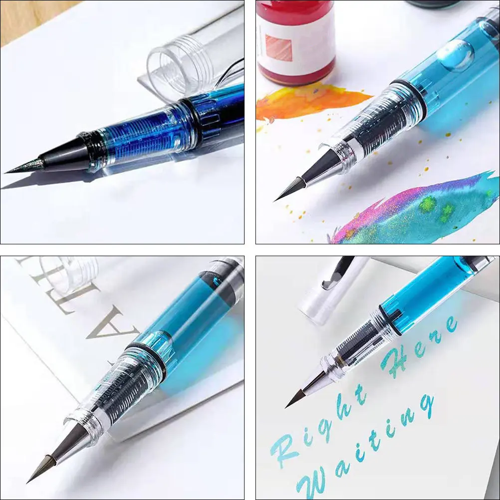 4Pcs Steel Nib Brush Pens Refillable Transparent Body Smooth Grip Calligraphy Watercolor Drawing Writing Ink Pens