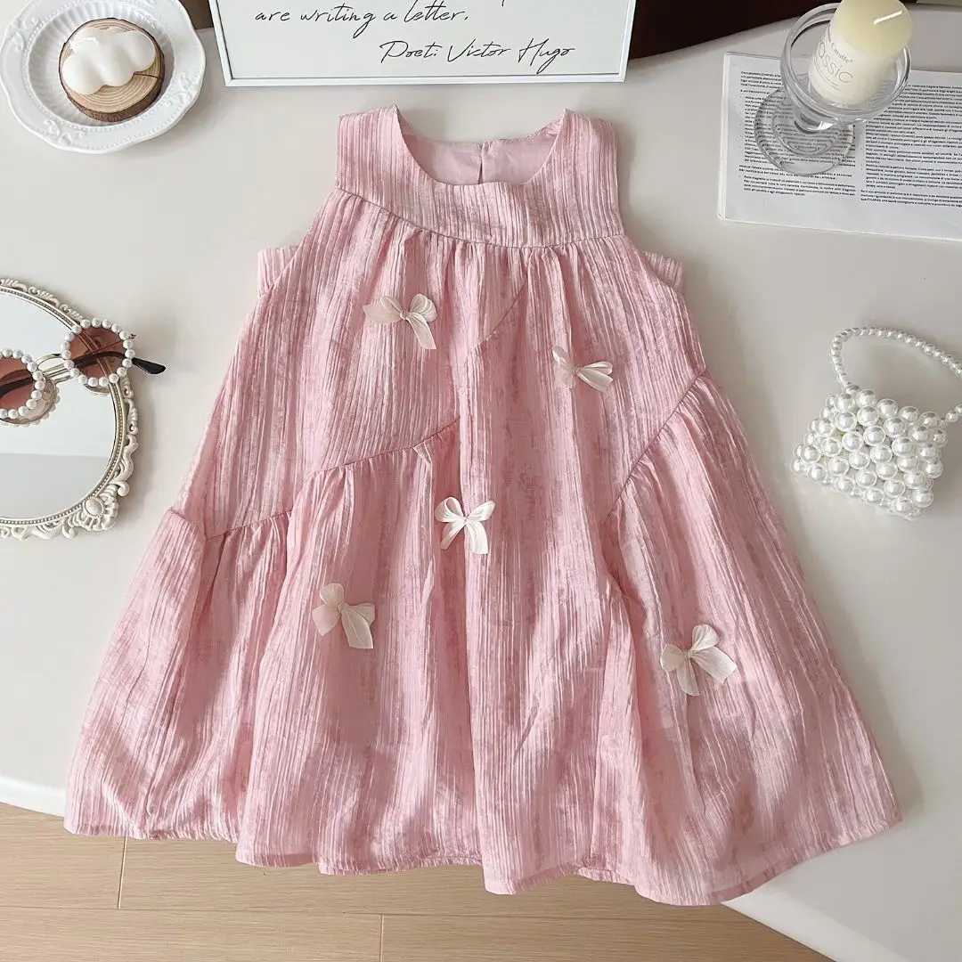 

Girls Casual Dresses Pink Sleeveless Dress with Bow Girls Clothes Princess Dress for Girls 2 To 7 Years Summer Clothes