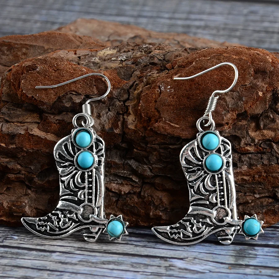DIY accessories European and American fashion cross-border retro inlaid turquoise pendant earrings creative personality western