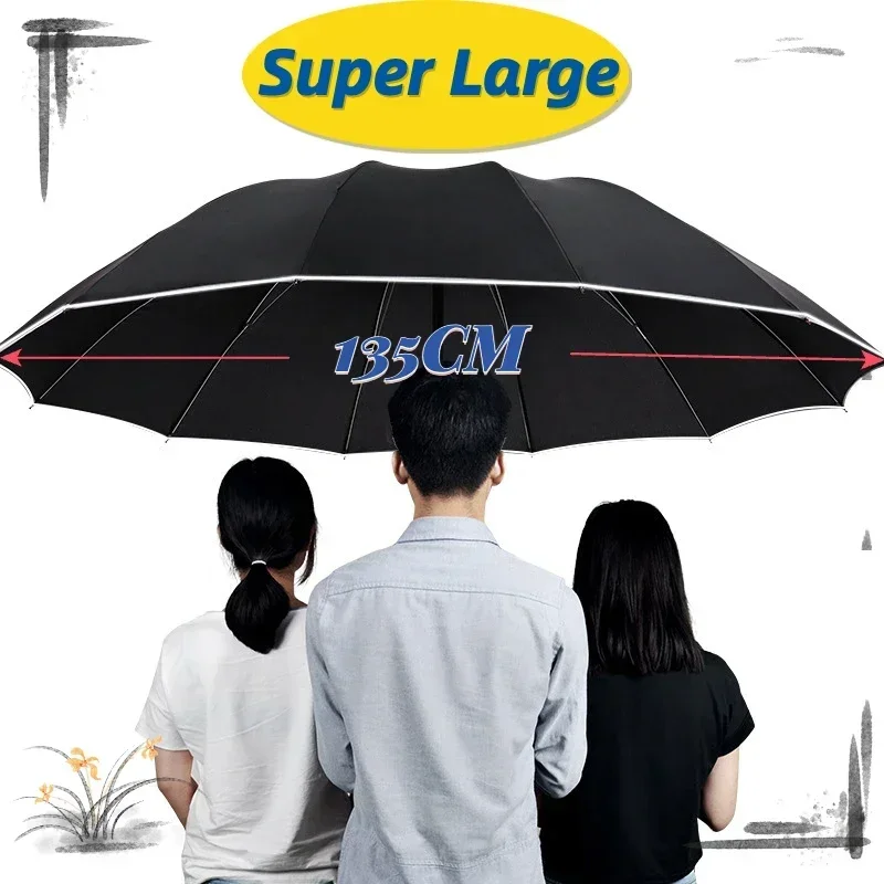 Large 135CM Automatic Folding Umbrella, Reinforced Windproof Strong, Safety Reflective, Big Sun and Rain Umbrellas for Men Women